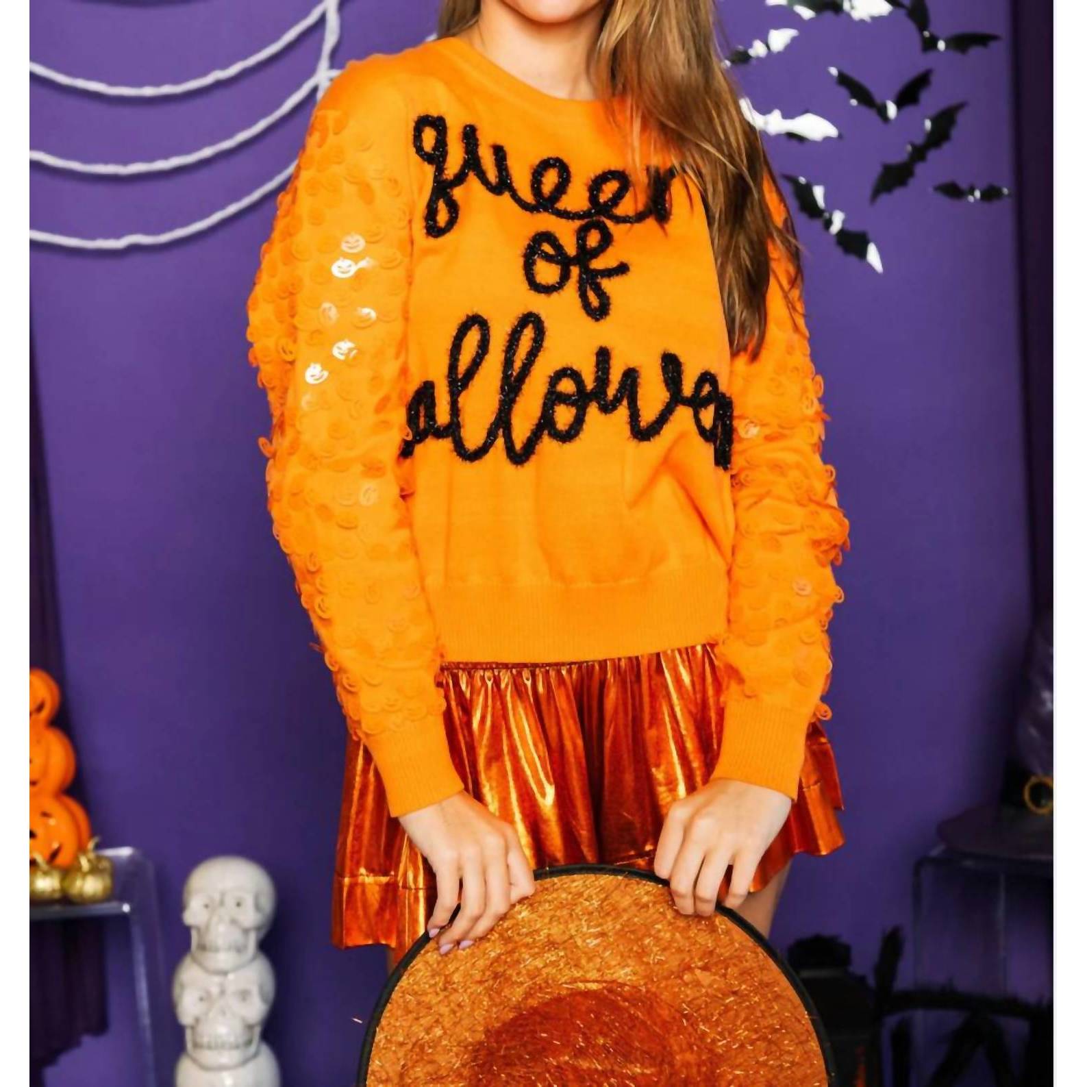 New Queen Of Sparkles Queen Of Halloween Glitter Script Sweatshirt In Orange